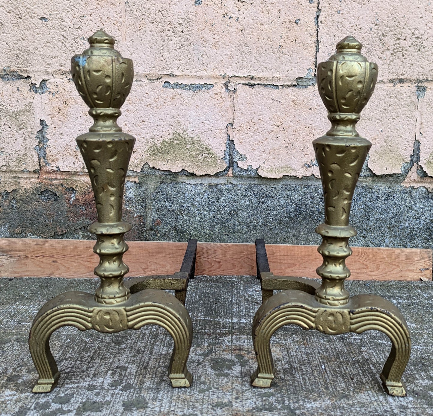 2 available 18"H Pair Vintage Antique Old Cast Iron Arts & Crafts Mission Fireplace Andirons Fire Dogs Log Holders