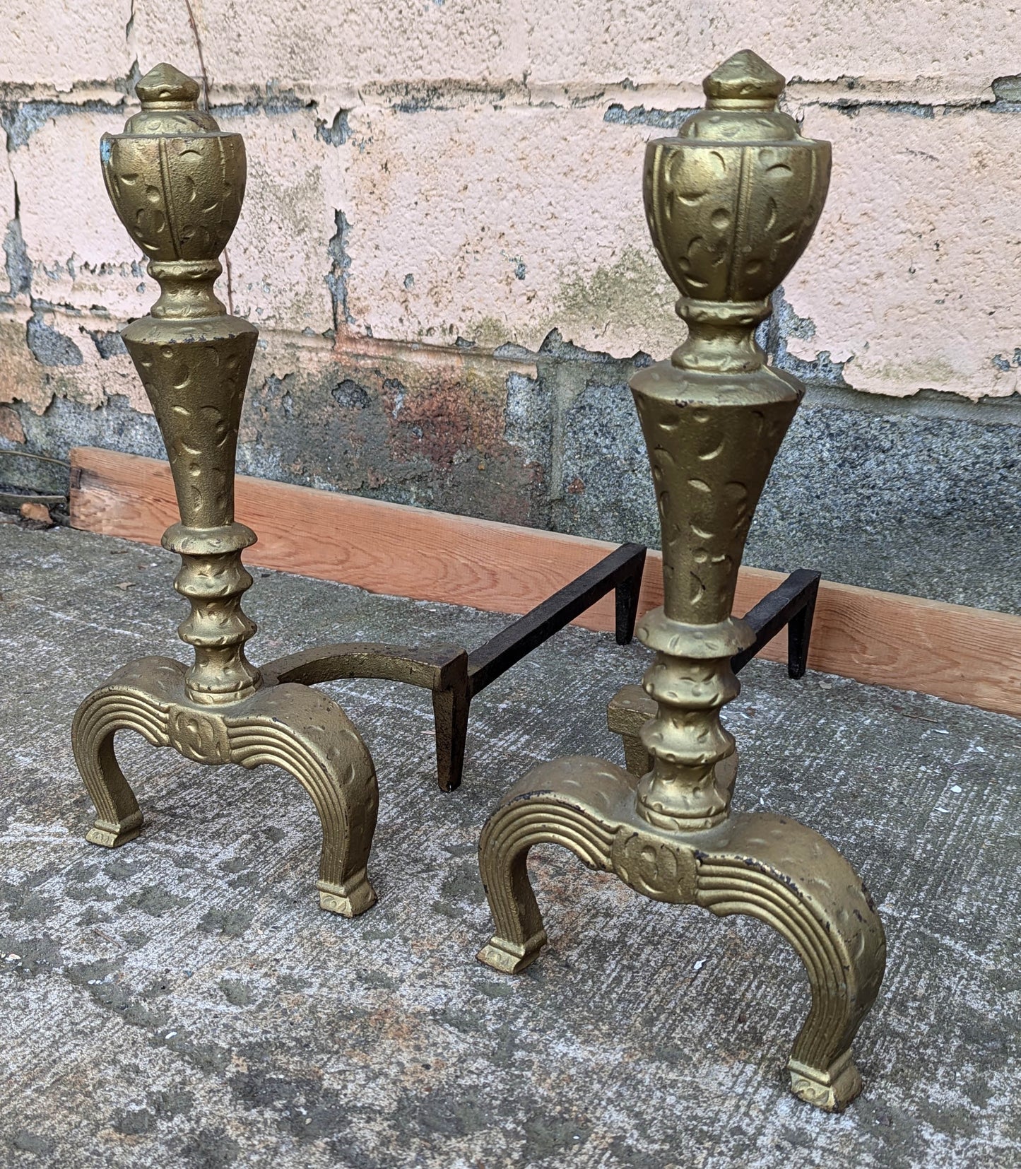 2 available 18"H Pair Vintage Antique Old Cast Iron Arts & Crafts Mission Fireplace Andirons Fire Dogs Log Holders