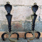 2 available 18"H Pair Vintage Antique Old Cast Iron Arts & Crafts Mission Fireplace Andirons Fire Dogs Log Holders