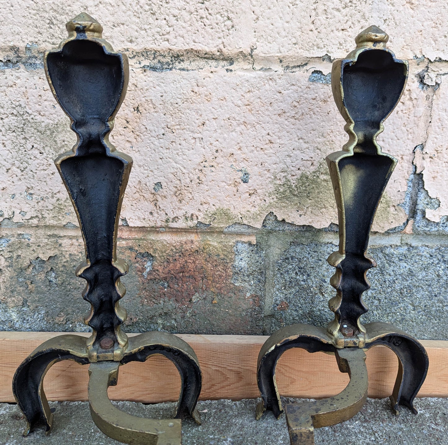 2 available 18"H Pair Vintage Antique Old Cast Iron Arts & Crafts Mission Fireplace Andirons Fire Dogs Log Holders