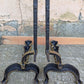 2 available 18"H Pair Vintage Antique Old Cast Iron Arts & Crafts Mission Fireplace Andirons Fire Dogs Log Holders