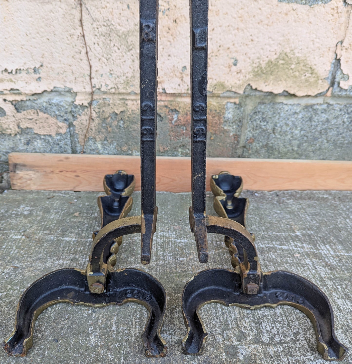 2 available 18"H Pair Vintage Antique Old Cast Iron Arts & Crafts Mission Fireplace Andirons Fire Dogs Log Holders