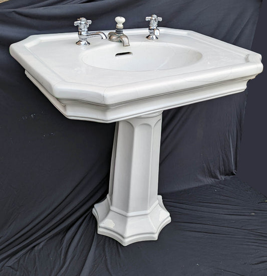 32"Wx30"H Antique Vintage Old Salvaged Reclaimed 1902 "Trenton" Vitreous China Porcelain Fluted Pedestal Sink Art Deco Style