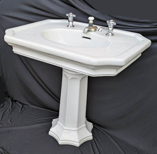 32"Wx30"H Antique Vintage Old Salvaged Reclaimed 1902 "Trenton" Vitreous China Porcelain Fluted Pedestal Sink Art Deco Style