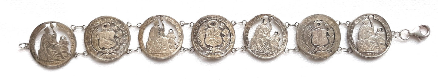 Antique Bracelet 900 Silver Peruvian 7 Coins Cut Out Design Link Bracelet Dinero Coins Issued 1886-1908 Collectible Piece