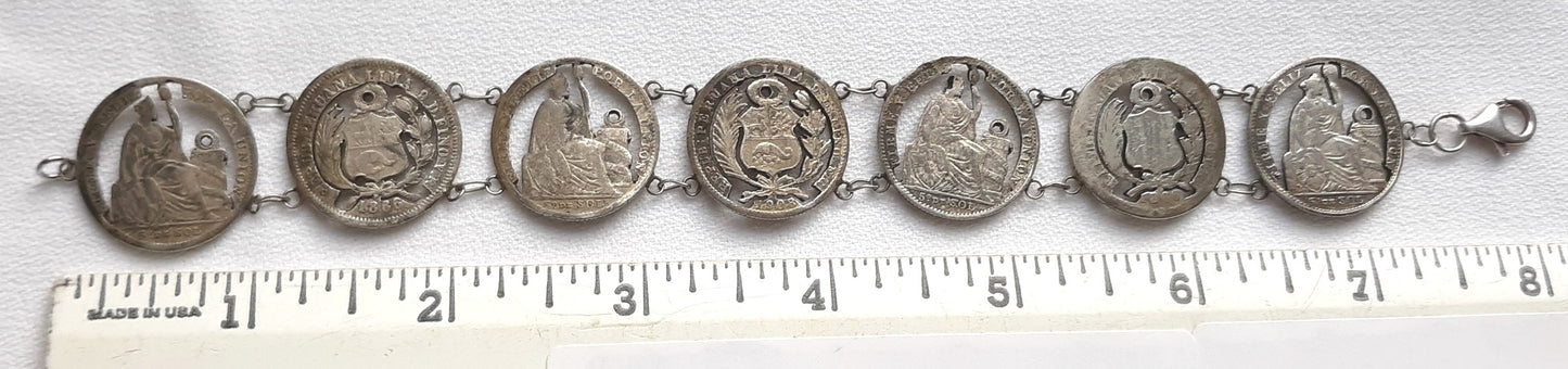 Antique Bracelet 900 Silver Peruvian 7 Coins Cut Out Design Link Bracelet Dinero Coins Issued 1886-1908 Collectible Piece