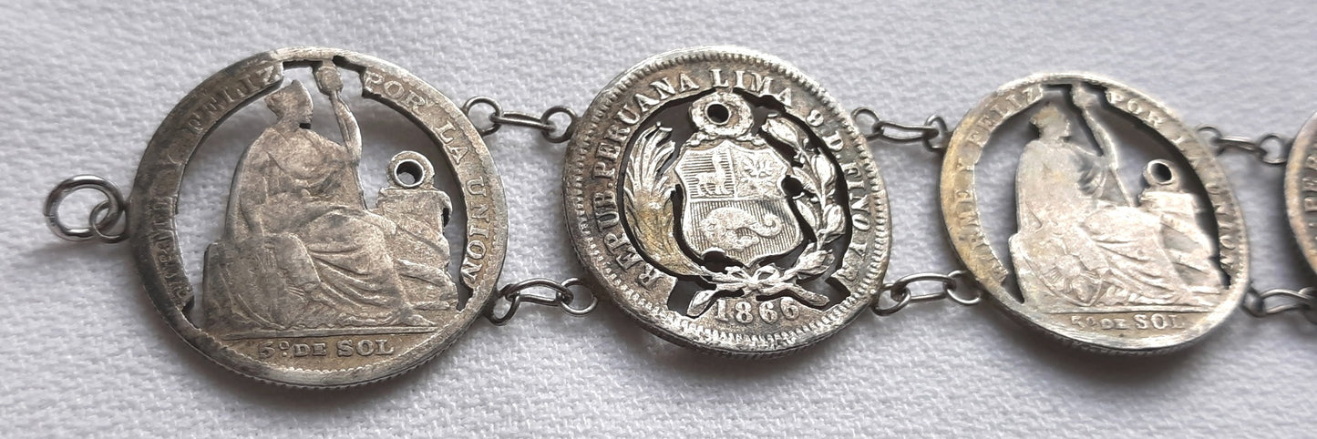 Antique Bracelet 900 Silver Peruvian 7 Coins Cut Out Design Link Bracelet Dinero Coins Issued 1886-1908 Collectible Piece