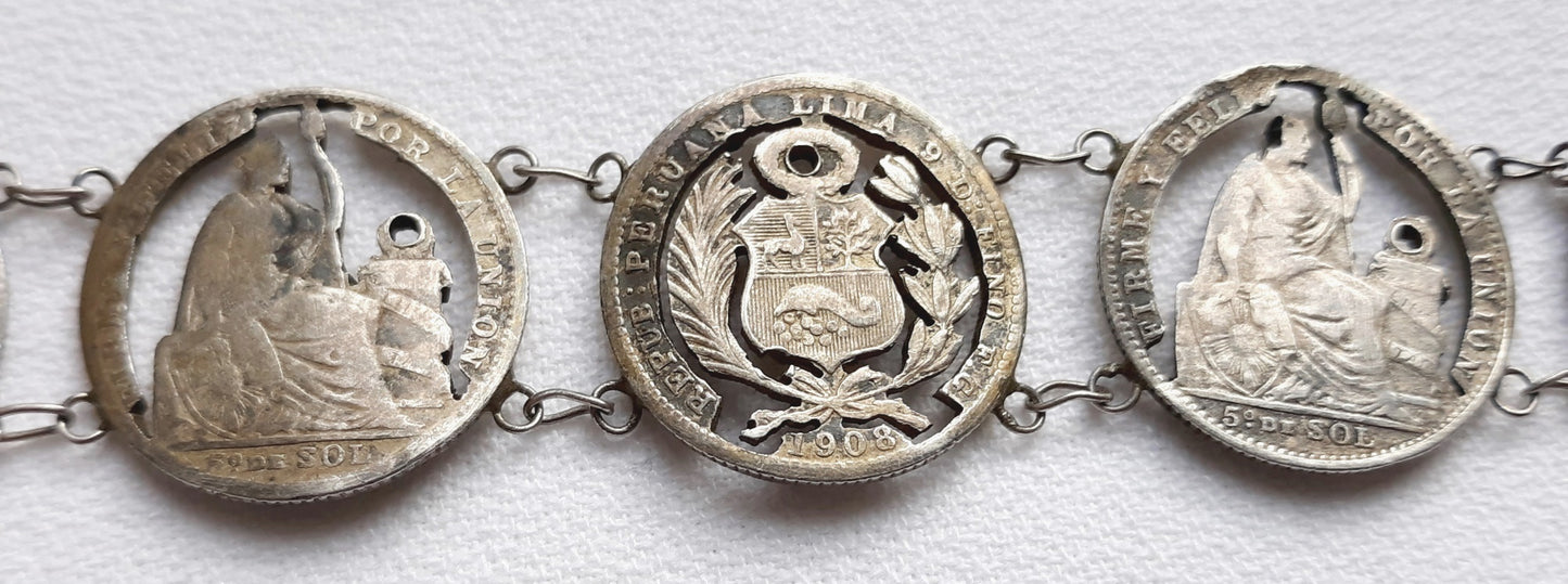 Antique Bracelet 900 Silver Peruvian 7 Coins Cut Out Design Link Bracelet Dinero Coins Issued 1886-1908 Collectible Piece