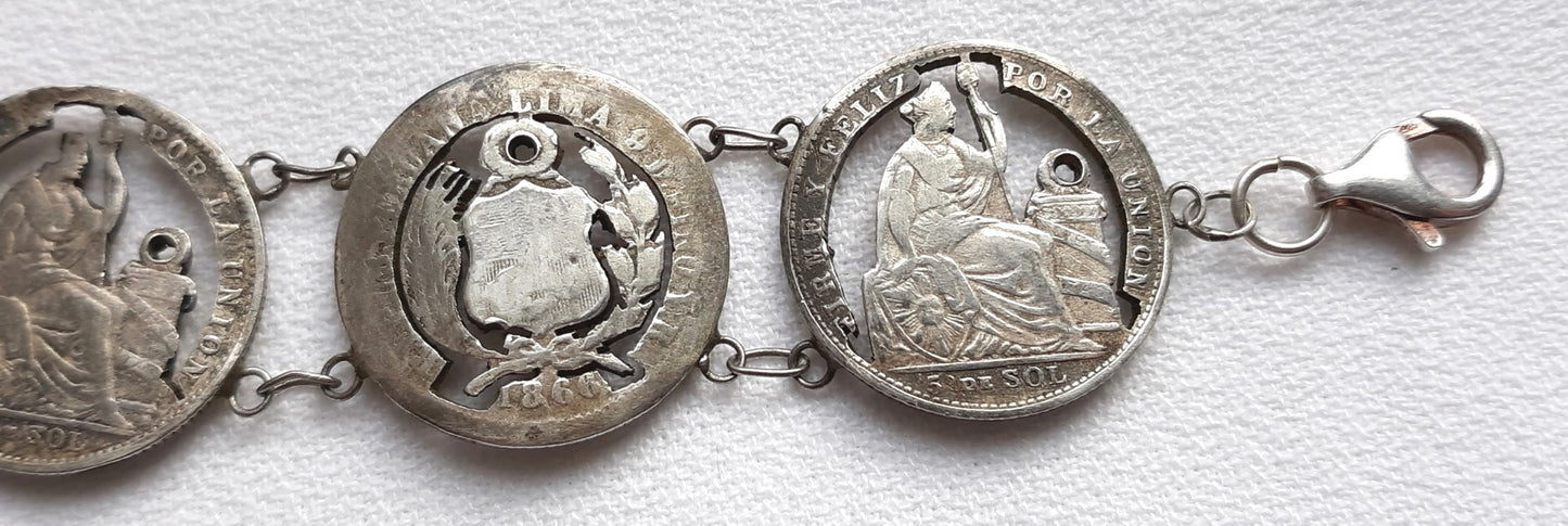 Antique Bracelet 900 Silver Peruvian 7 Coins Cut Out Design Link Bracelet Dinero Coins Issued 1886-1908 Collectible Piece