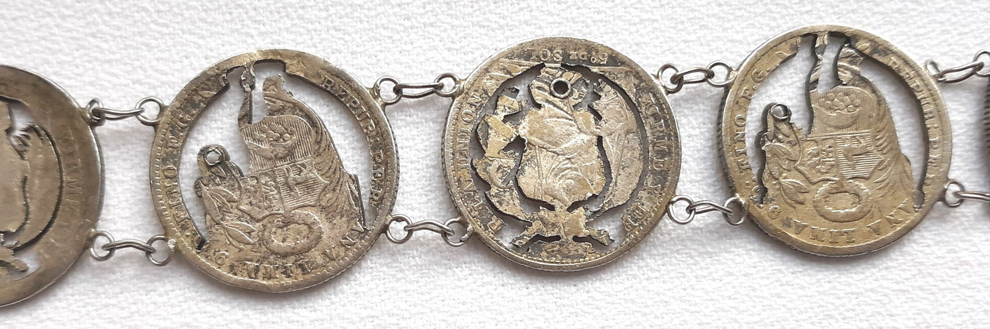 Antique Bracelet 900 Silver Peruvian 7 Coins Cut Out Design Link Bracelet Dinero Coins Issued 1886-1908 Collectible Piece