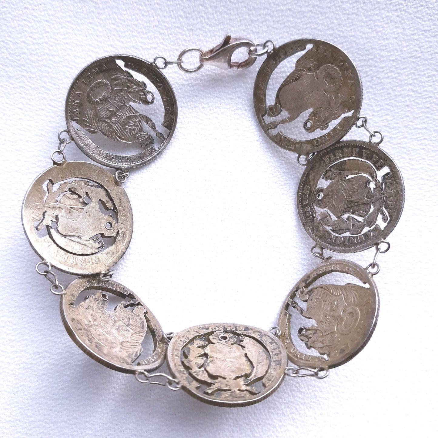 Antique Bracelet 900 Silver Peruvian 7 Coins Cut Out Design Link Bracelet Dinero Coins Issued 1886-1908 Collectible Piece