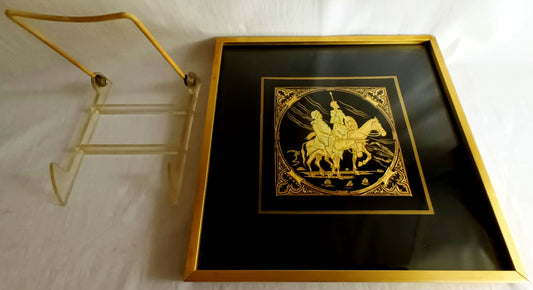 Vintage Gold Drawing Metal Framed Under Glass Plaque Don Quijote (Quixote) & Sancho Panza Wall Hanging Square Spanish Artwork w/Stand