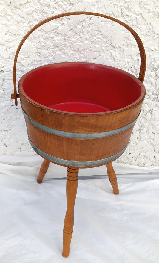 Mid Century Colonial Style Floor Standing Wooden Bucket Tripod & Red Plastic Lining Handed Plant Stand Sewing Basket Planter Wastebasket