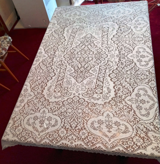 Vintage Off White Lace Cotton Rectangle Tablecloth Table Cover 52" W x 66" L