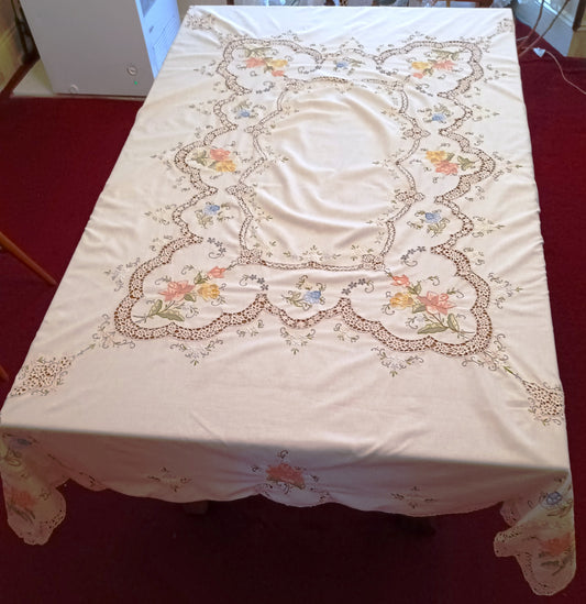 Vintage Elegant Tablecloth Crochet Lace Embroidered Floral Beige Linen Cotton Medallion Rectangle Dining Table Cover 66” W x 82“L