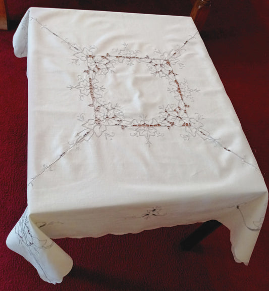 Vintage Ivory Cotton Linen Small Tablecloth Embroidered Floral Cut Work Design Machine Stitching Ecru Color Thread Large Doily 41” W x 41” L