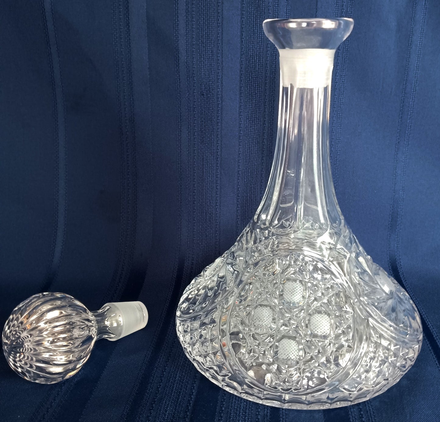 Vintage Crystal Glass Ships Captain Decanter w/Stopper Paneled Neck Whiskey Bourbon Scotch Wine Bottle Geometric Design Nautical Barware