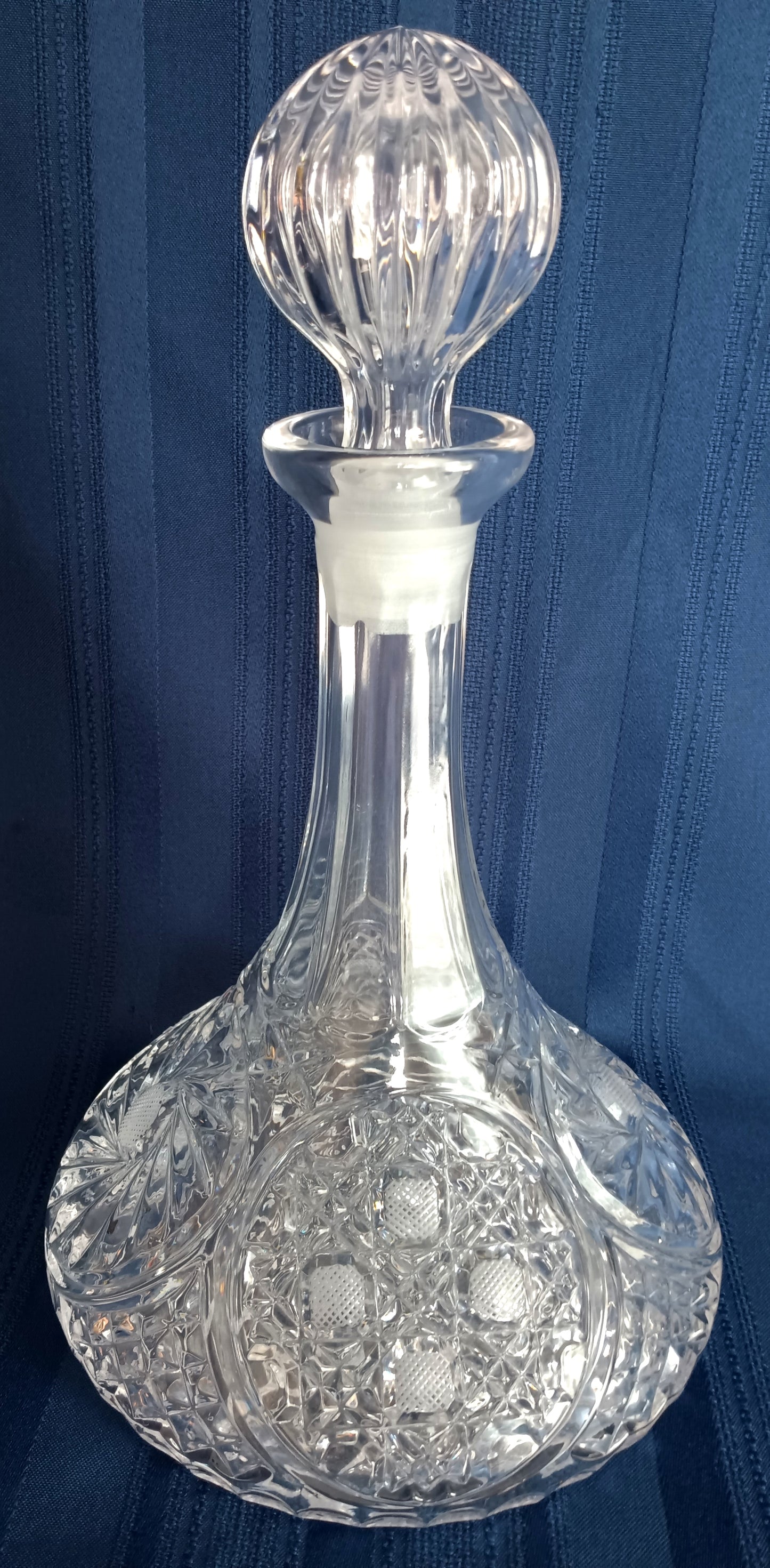 Vintage Crystal Glass Ships Captain Decanter w/Stopper Paneled Neck Whiskey Bourbon Scotch Wine Bottle Geometric Design Nautical Barware