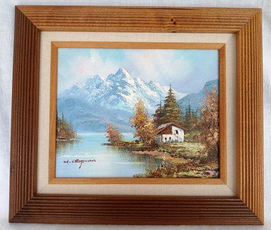 Vintage Oil Painting on Canvas Autumn Fall Mountain Scene Lake Landscape Wooden Frame Artwork Painting Wall Art Signed W. Chapman