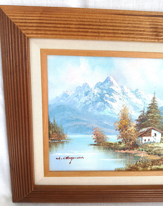 Vintage Oil Painting on Canvas Autumn Fall Mountain Scene Lake Landscape Wooden Frame Artwork Painting Wall Art Signed W. Chapman