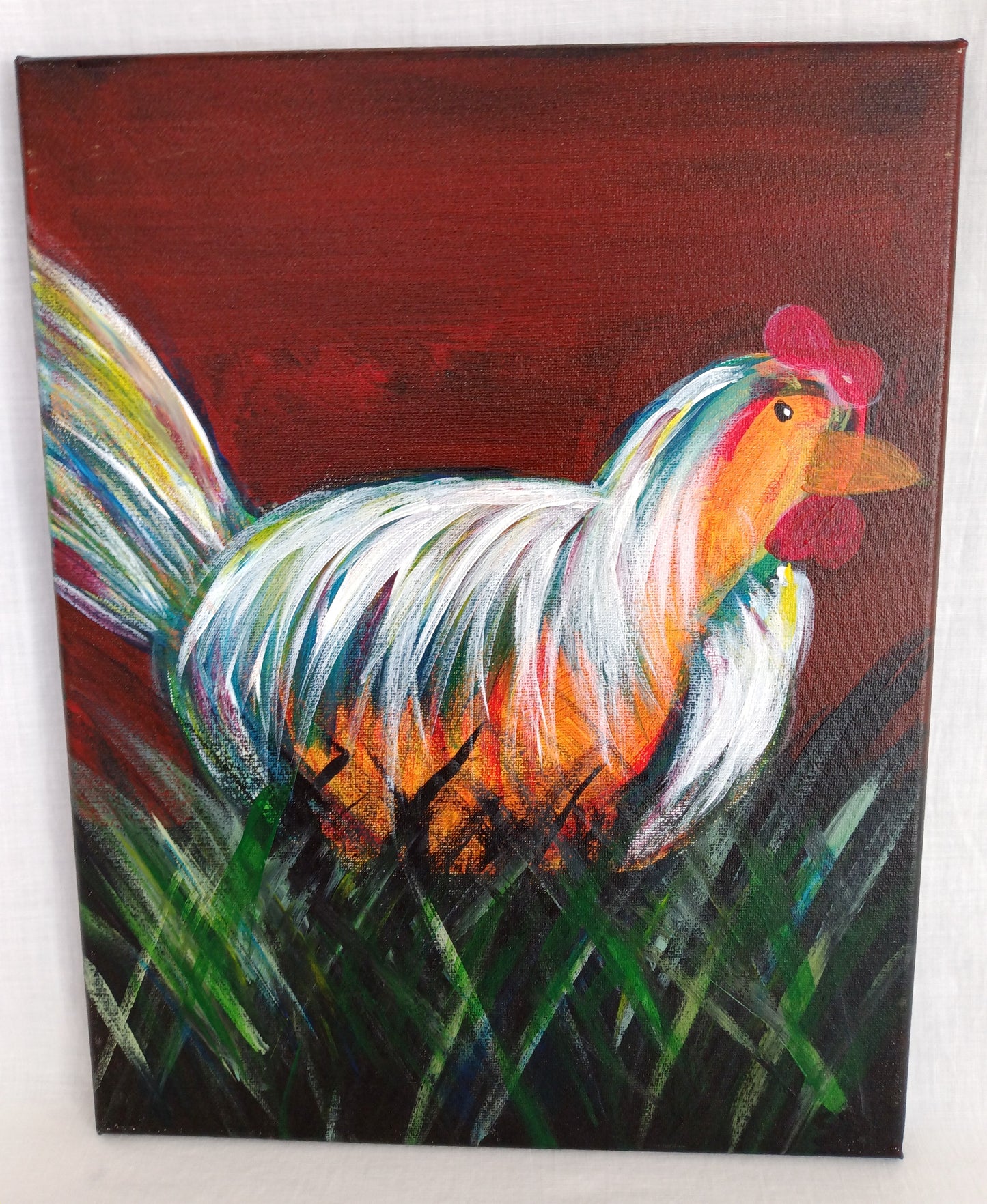 Oil Painting on Canvas Colorful Rooster Wall Art Stretched Canvas over Wood Abstract Artwork Animal Art Country Farmhouse Décor-NOS