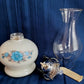 Vintage Oil Kerosene Table Lamp Ivory Glass Base w/Floral Decal Clear Glass Chimney Chrome Burner Lamplight Farms Rustic Décor-NOS