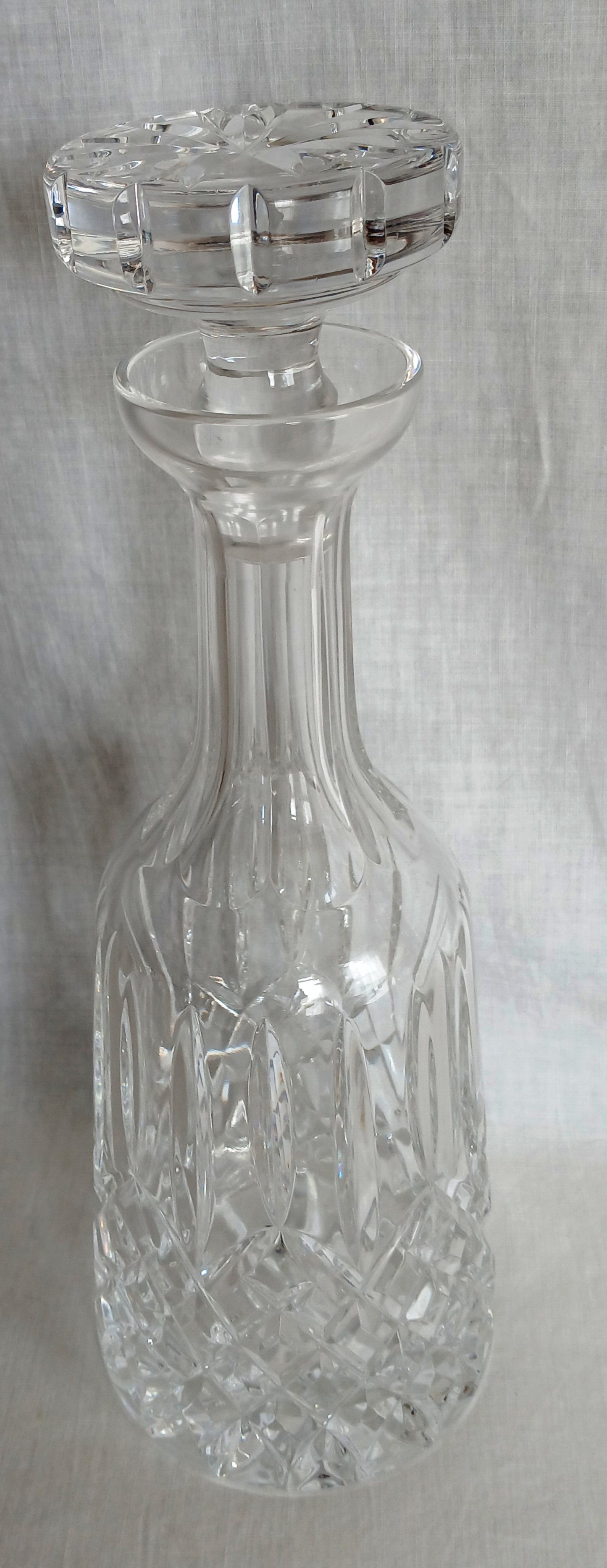 Vintage European Lead Crystal Decanter with Matching Stopper Wine Liquor Bottle Heavy Diamond Cuts Design Barware