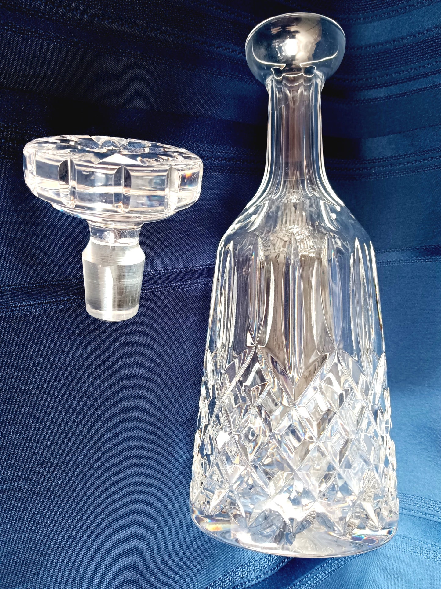 Vintage European Lead Crystal Decanter with Matching Stopper Wine Liquor Bottle Heavy Diamond Cuts Design Barware