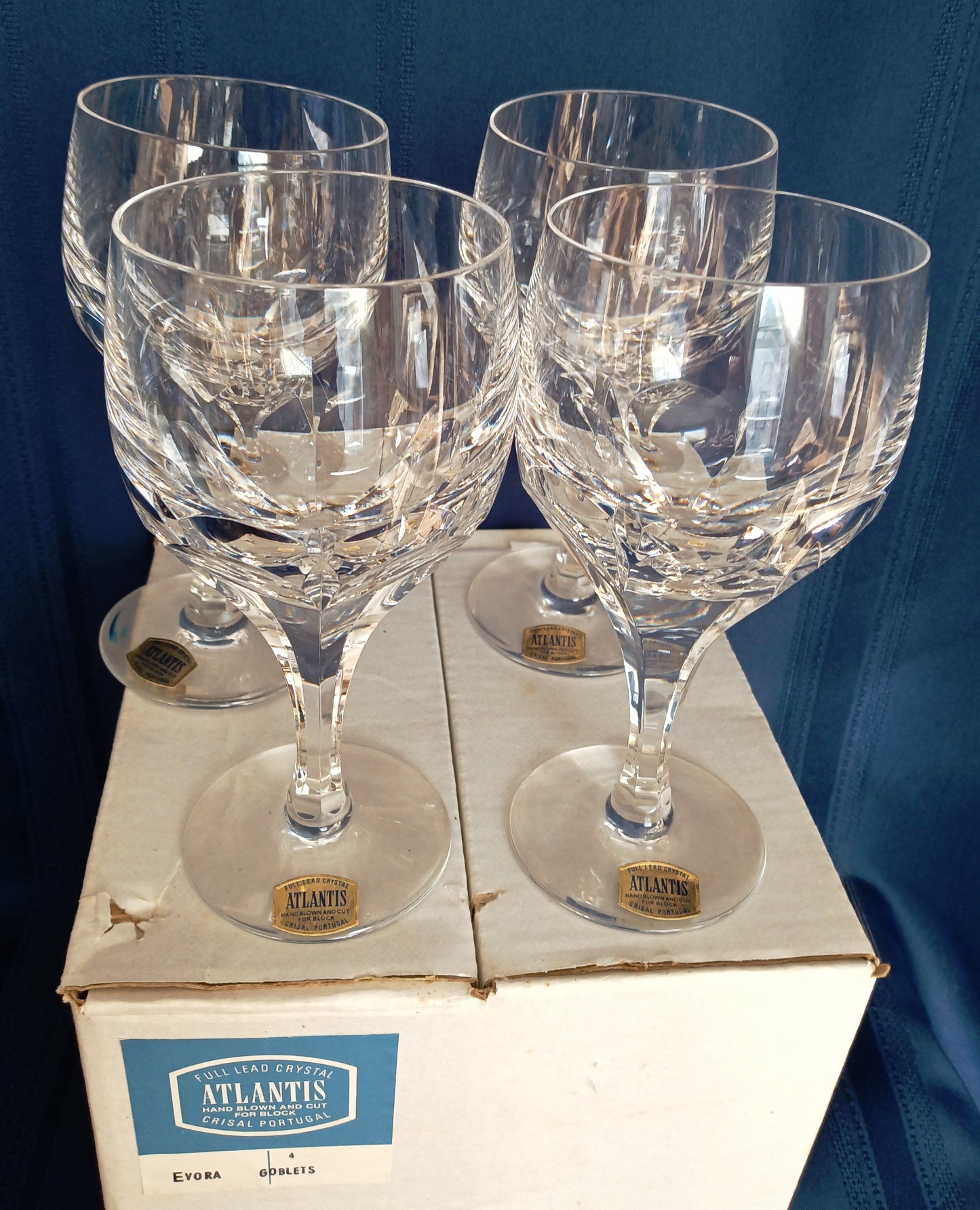 Vintage Set of 4 Wine Water Goblets Evora Atlantis Hand Blown and Cut Full Lead Heavy Clear Crystal Barware - Made in Portugal - NOS –NIB