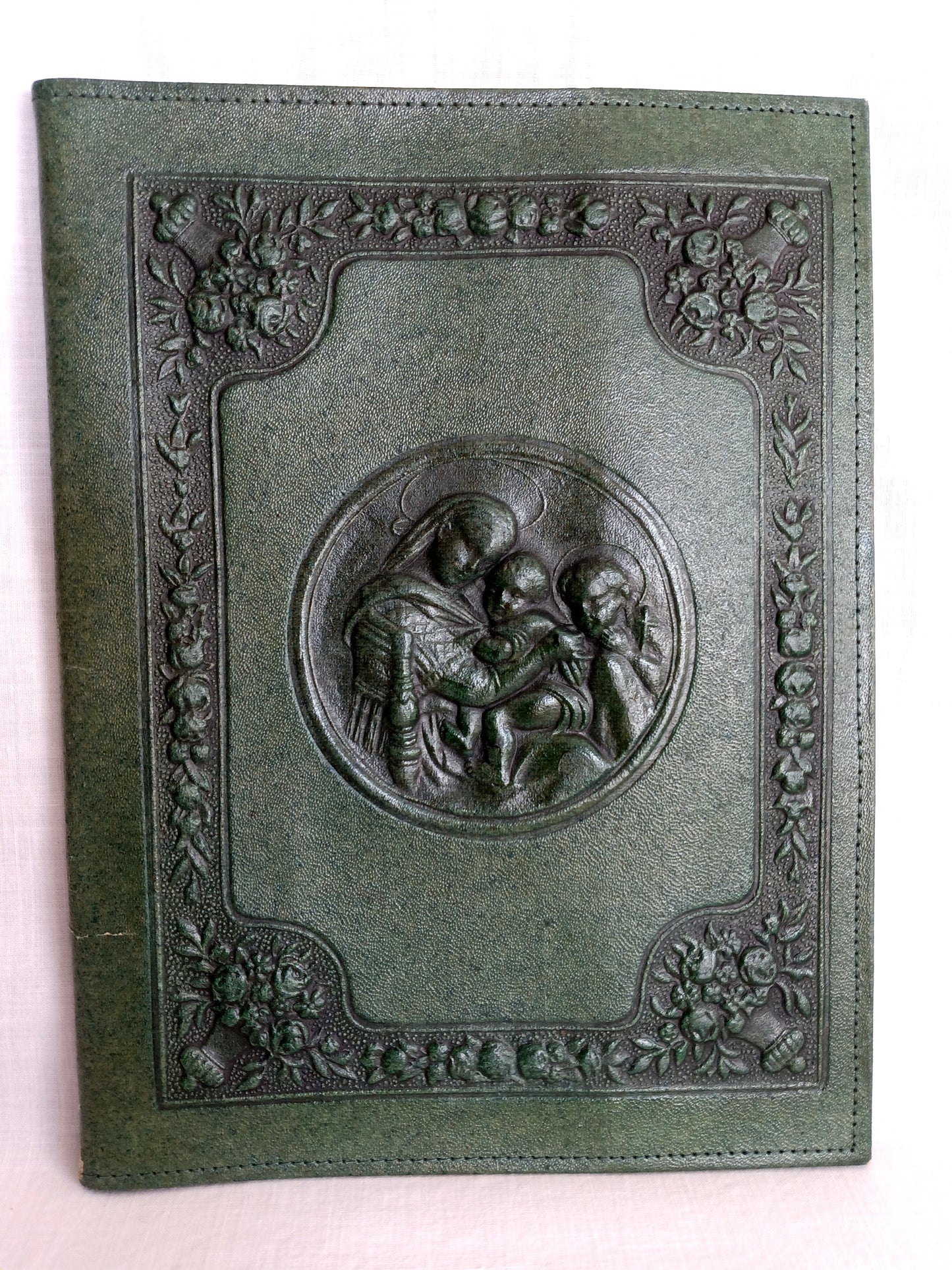 Vintage Rare Hand Tooled Embossed Leather Book Bible Cover Dark Green Portrait of Jesus Mary and Joseph- Made in Italy