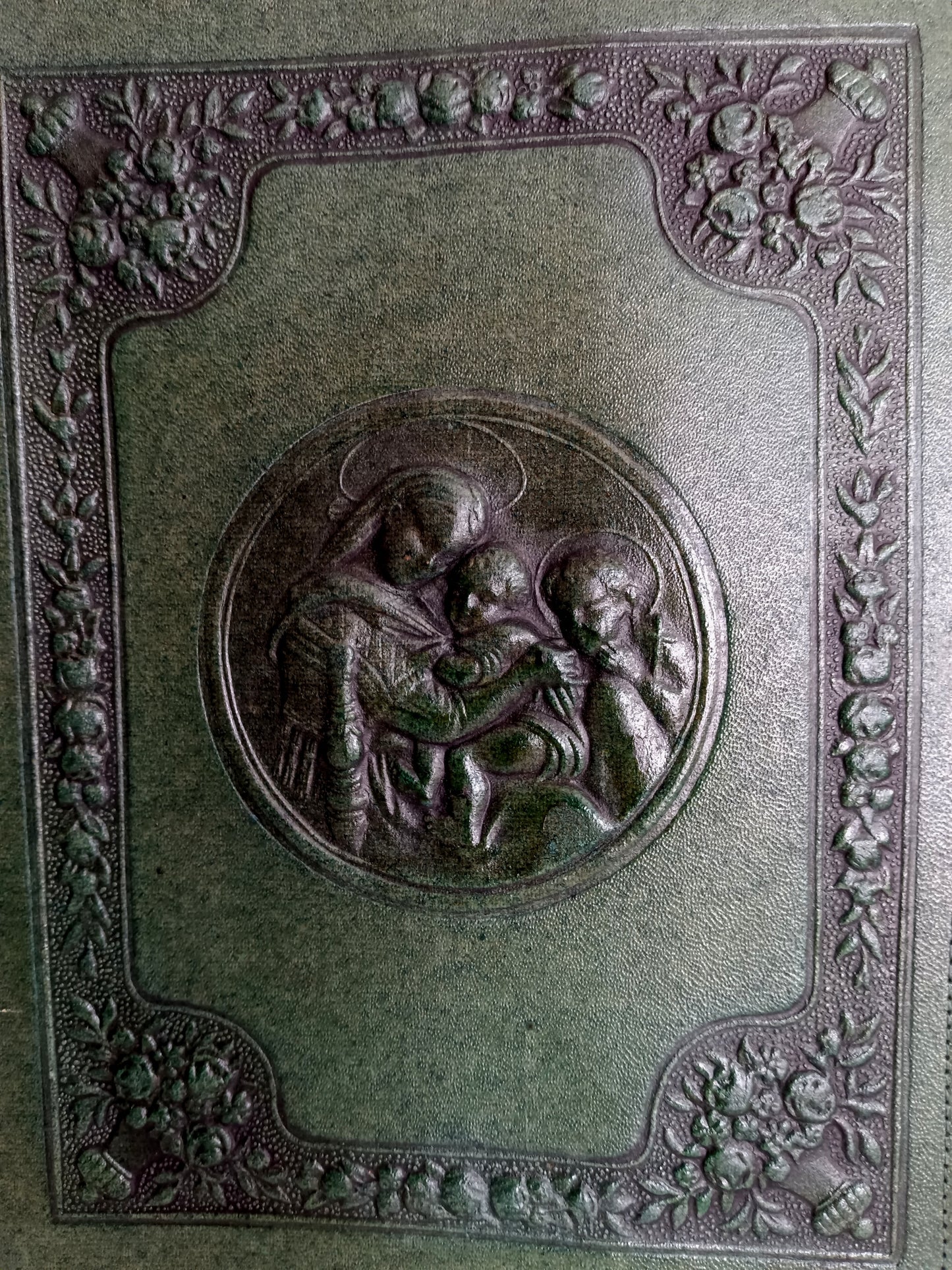 Vintage Rare Hand Tooled Embossed Leather Book Bible Cover Dark Green Portrait of Jesus Mary and Joseph- Made in Italy