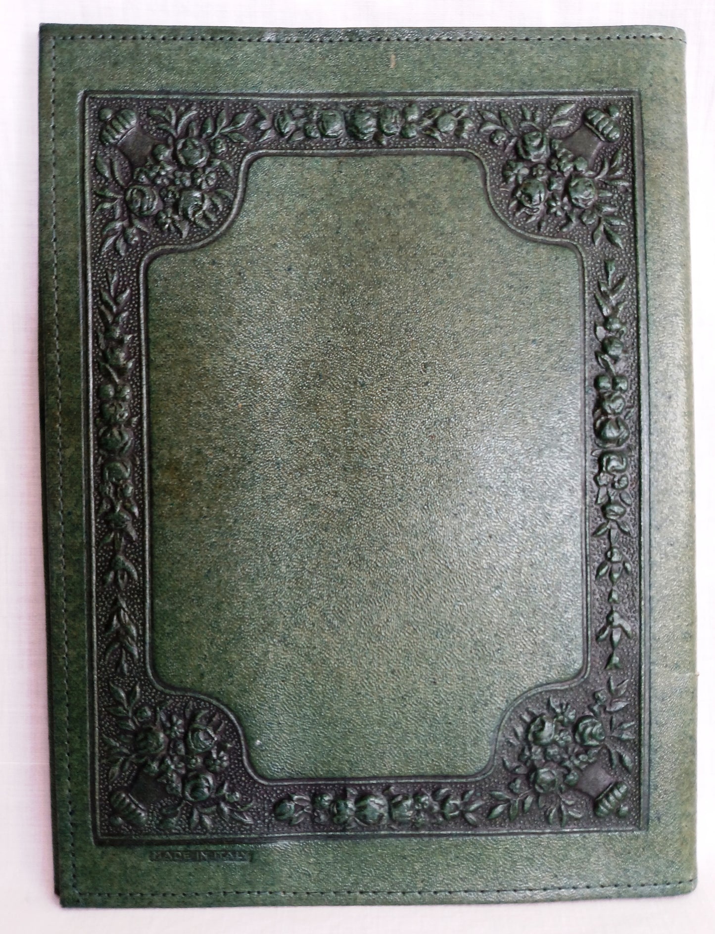 Vintage Rare Hand Tooled Embossed Leather Book Bible Cover Dark Green Portrait of Jesus Mary and Joseph- Made in Italy