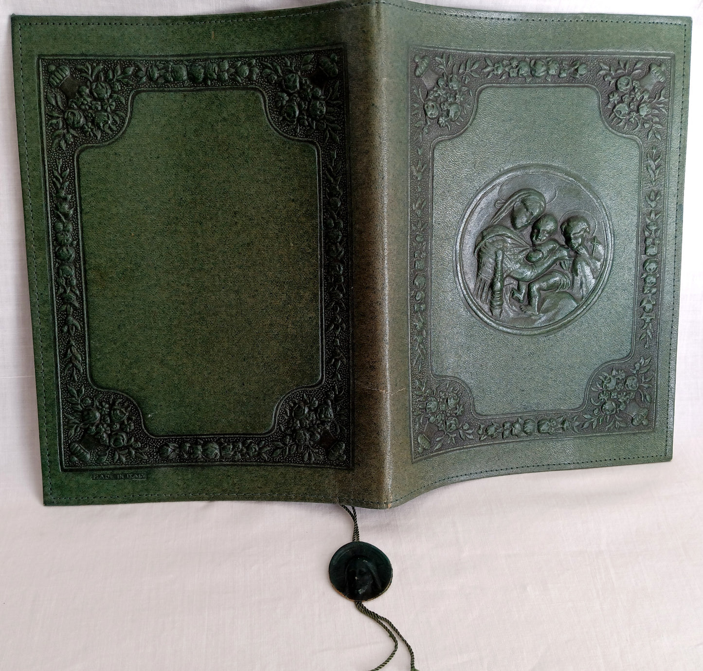 Vintage Rare Hand Tooled Embossed Leather Book Bible Cover Dark Green Portrait of Jesus Mary and Joseph- Made in Italy