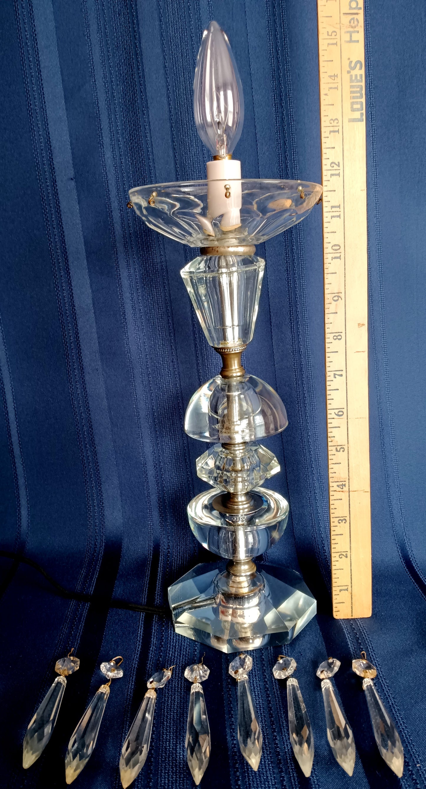 Vintage Art Deco Stacked Cut Lead Crystal Glass Lamp w/Dangling Crystals In line Switch Bulb Included Accent Lamp Hollywood Regency