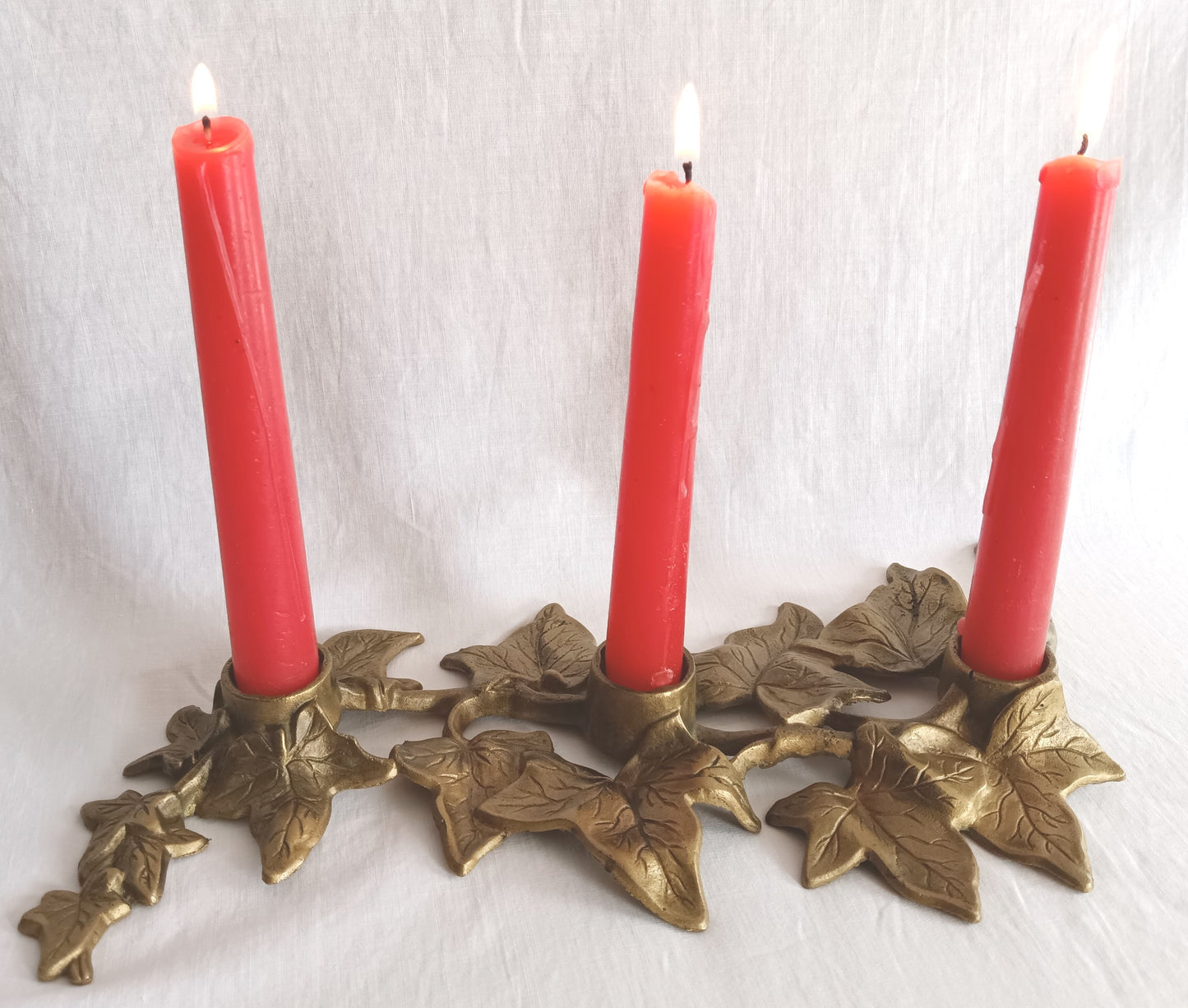 Vintage Art Nouveau Heavy Solid Brass Ivy Leaves Design Candle Holder 3 Tapers Candles Holder Rustic Table Centerpiece