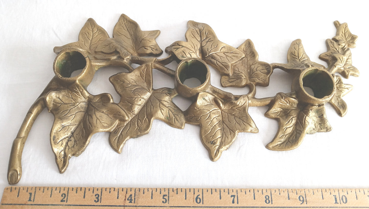 Vintage Art Nouveau Heavy Solid Brass Ivy Leaves Design Candle Holder 3 Tapers Candles Holder Rustic Table Centerpiece