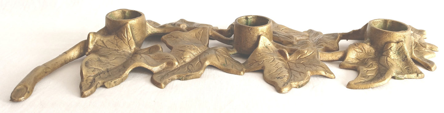 Vintage Art Nouveau Heavy Solid Brass Ivy Leaves Design Candle Holder 3 Tapers Candles Holder Rustic Table Centerpiece