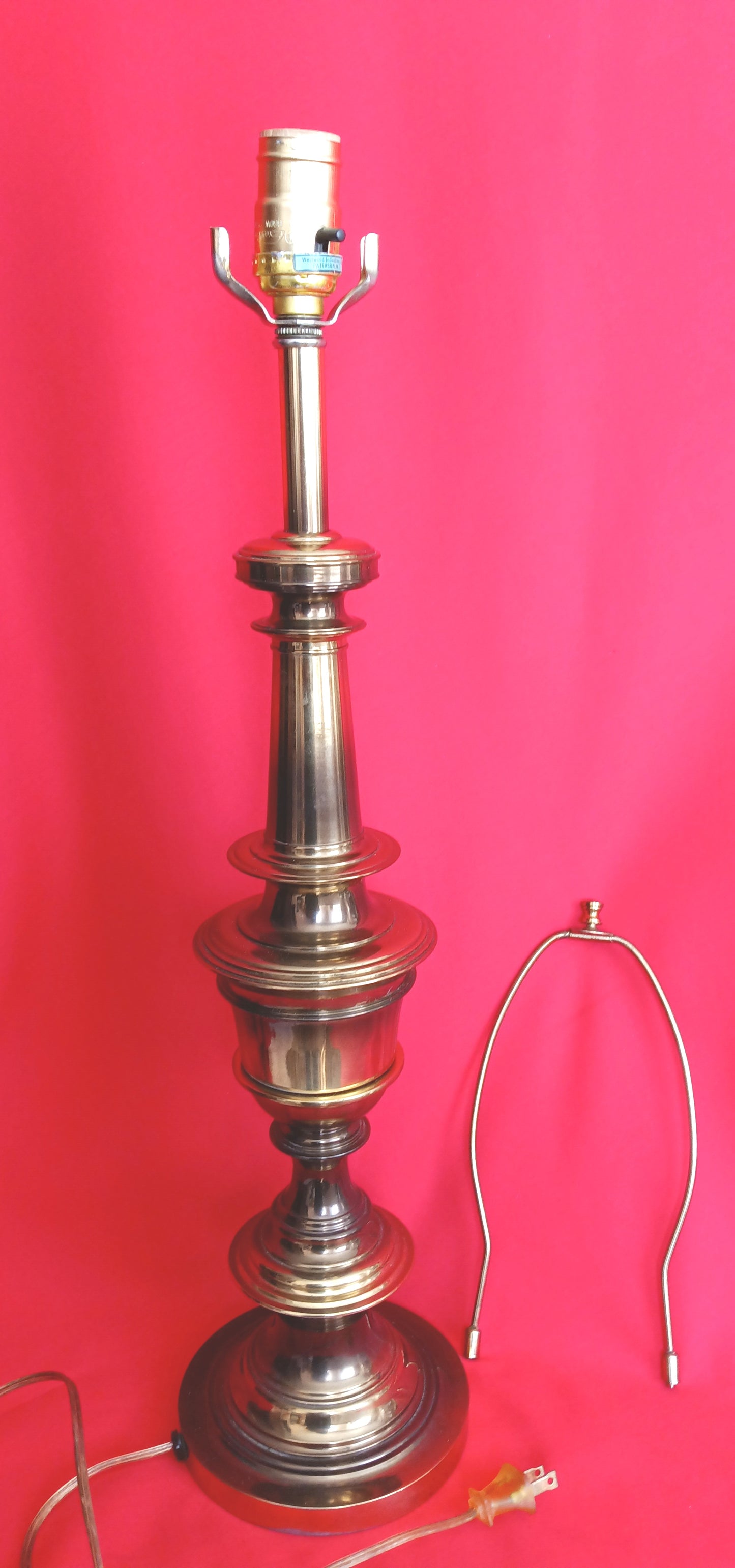 Vintage Mid Century Modern Westwood Ind. Brass Tall Heavy Table Lamp Harp and Finial Hollywood Regency Style