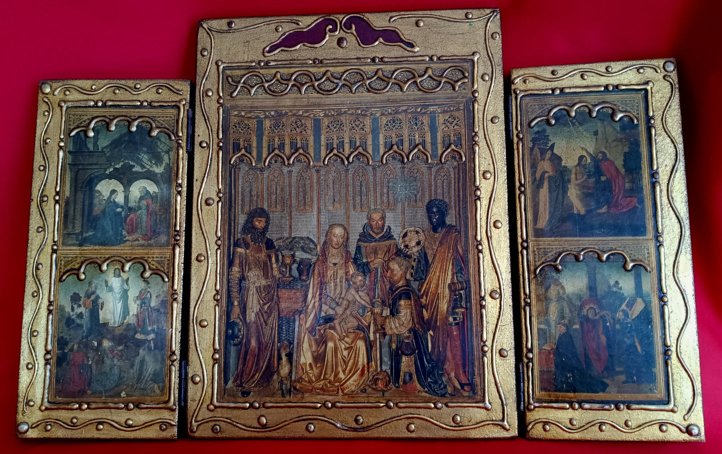 Antique Florentine Italian Rare Large Triptych w/ Prints Ornate Gilt on Wood Wall Art Christianity Religious Themes from the Bible