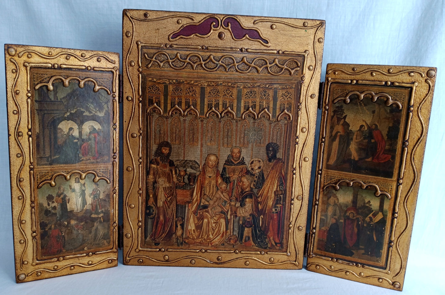 Antique Florentine Italian Rare Large Triptych w/ Prints Ornate Gilt on Wood Wall Art Christianity Religious Themes from the Bible