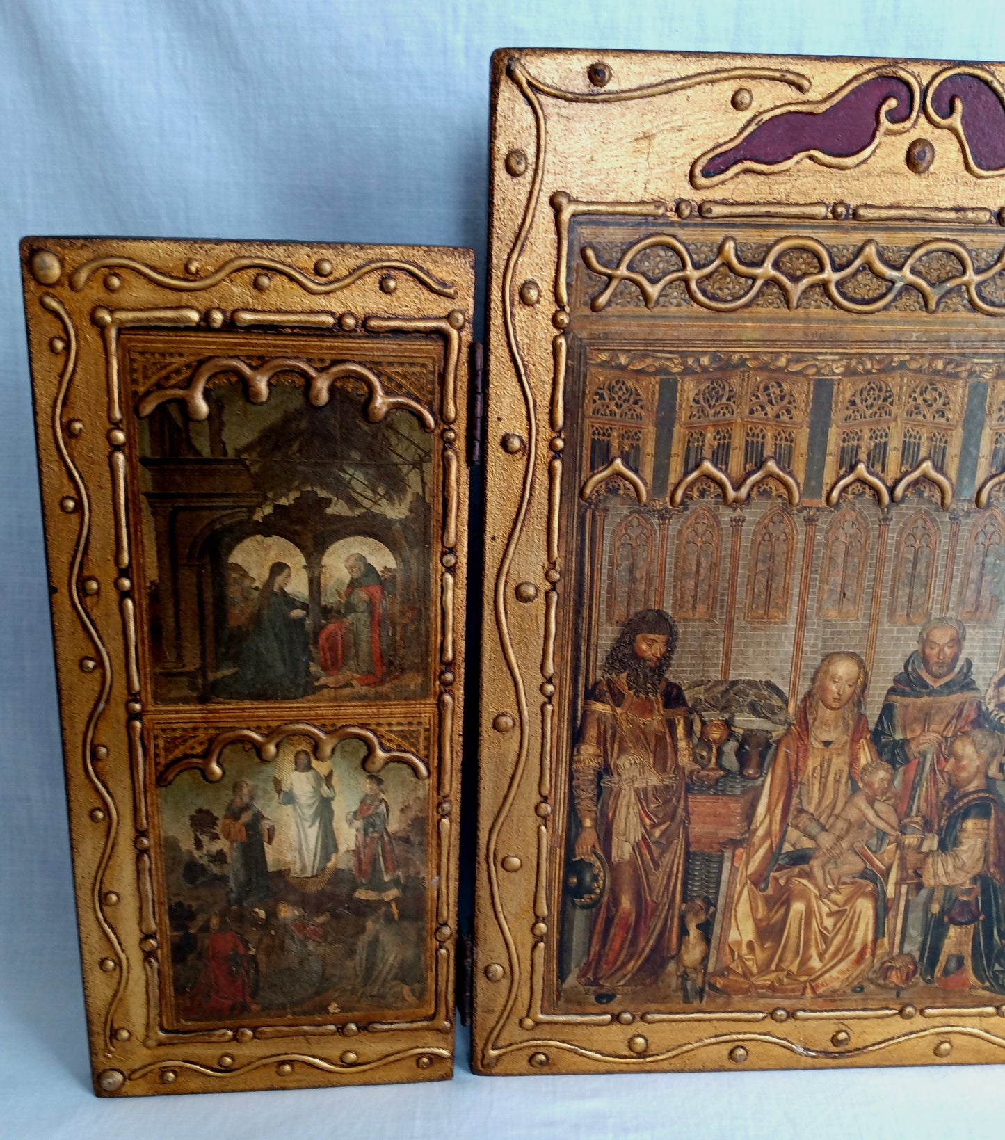 Antique Florentine Italian Rare Large Triptych w/ Prints Ornate Gilt on Wood Wall Art Christianity Religious Themes from the Bible