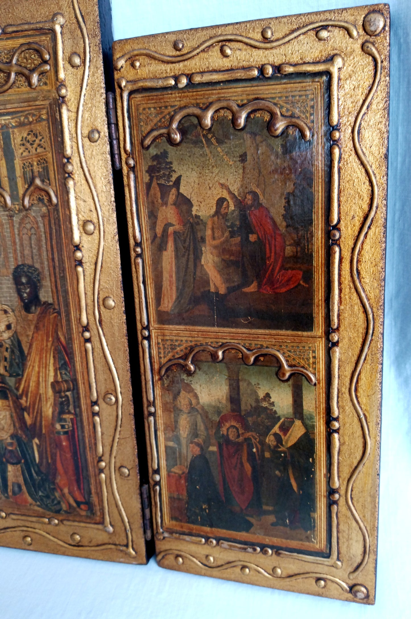 Antique Florentine Italian Rare Large Triptych w/ Prints Ornate Gilt on Wood Wall Art Christianity Religious Themes from the Bible