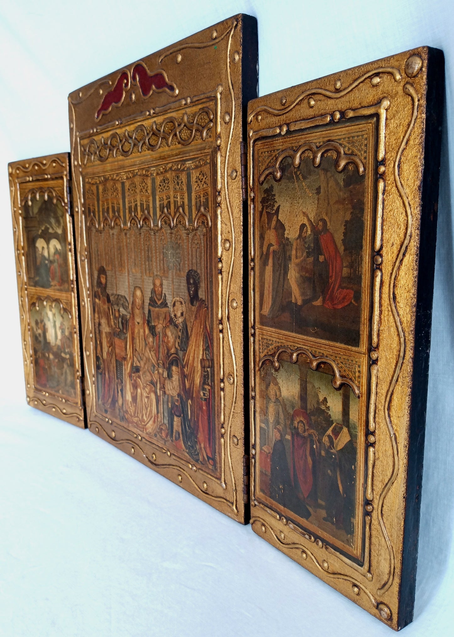 Antique Florentine Italian Rare Large Triptych w/ Prints Ornate Gilt on Wood Wall Art Christianity Religious Themes from the Bible