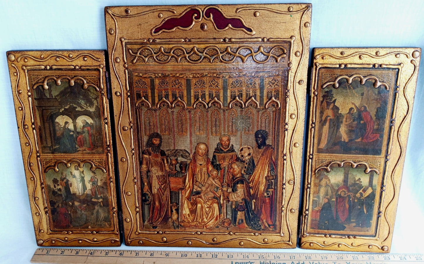 Antique Florentine Italian Rare Large Triptych w/ Prints Ornate Gilt on Wood Wall Art Christianity Religious Themes from the Bible