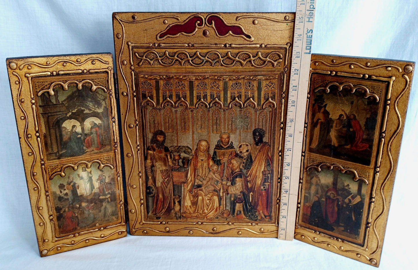 Antique Florentine Italian Rare Large Triptych w/ Prints Ornate Gilt on Wood Wall Art Christianity Religious Themes from the Bible