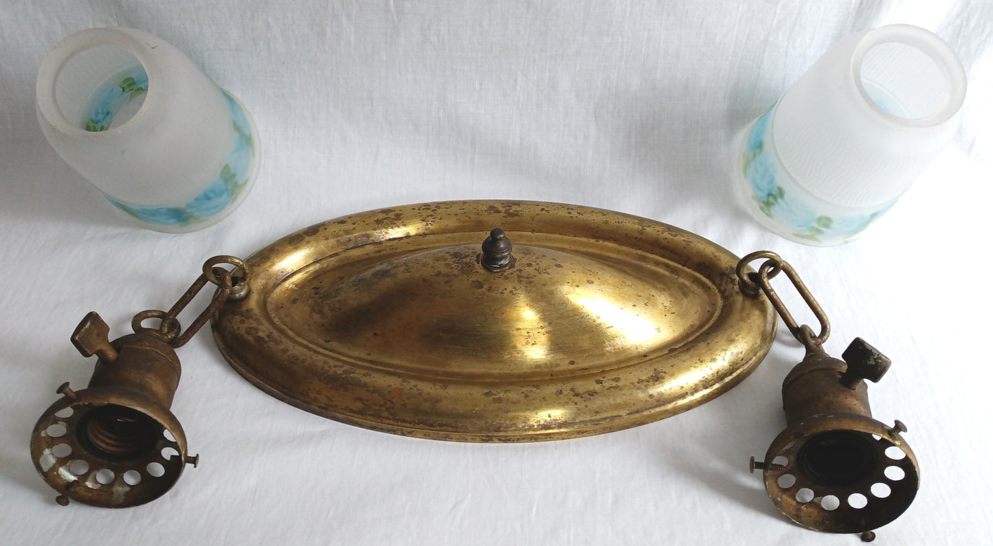 Antique Pressed Solid Brass Ceiling Fixture Two Light w/ Blue Floral Frosted Glass Bell Shades Fixture for Restoration/Repair - Needs new wiring