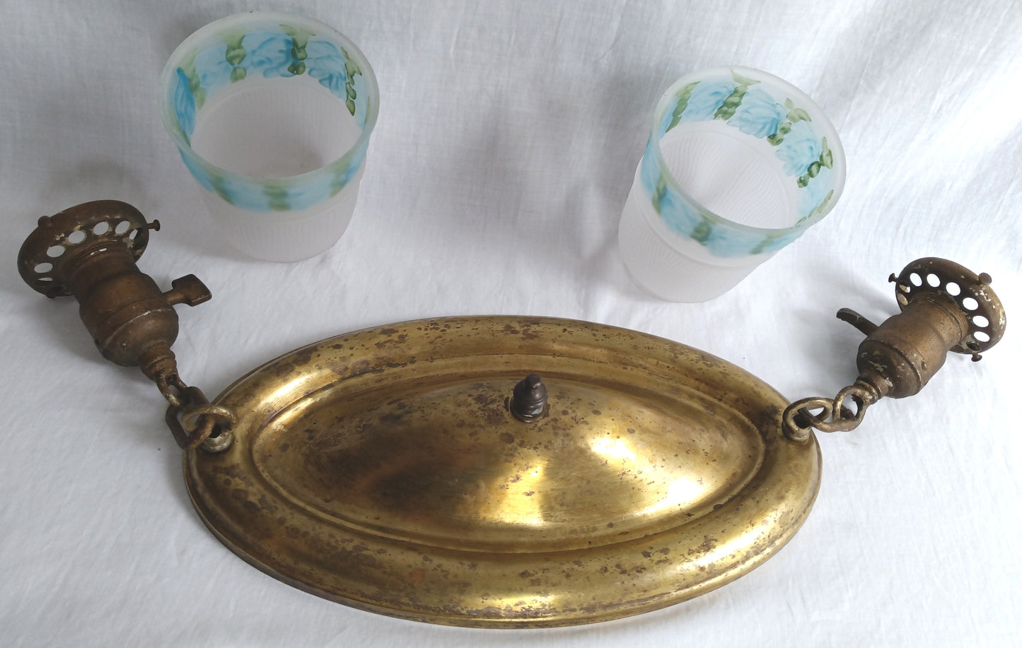 Antique Pressed Solid Brass Ceiling Fixture Two Light w/ Blue Floral Frosted Glass Bell Shades Fixture for Restoration/Repair - Needs new wiring