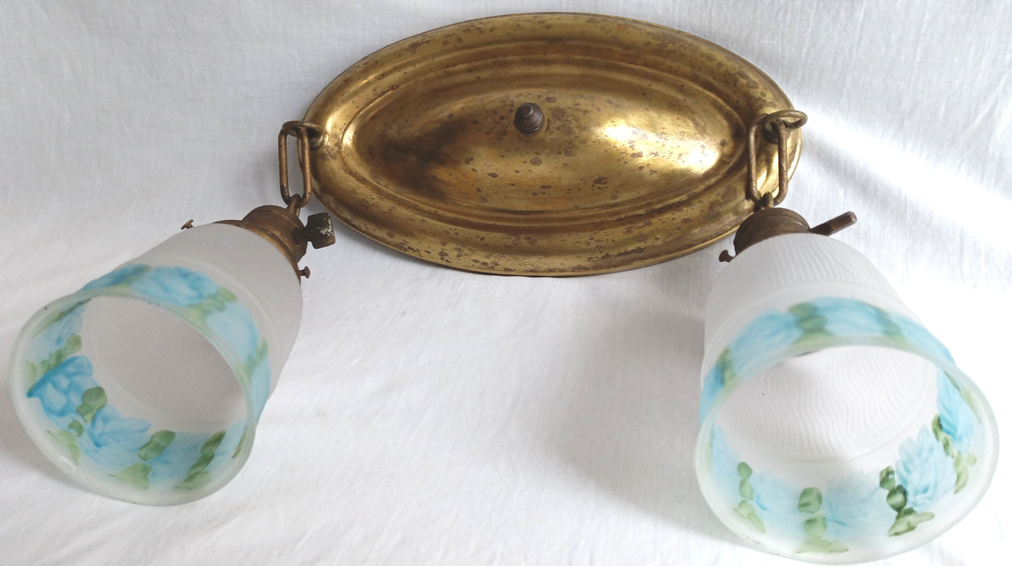 Antique Pressed Solid Brass Ceiling Fixture Two Light w/ Blue Floral Frosted Glass Bell Shades Fixture for Restoration/Repair - Needs new wiring