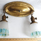 Antique Pressed Solid Brass Ceiling Fixture Two Light w/ Blue Floral Frosted Glass Bell Shades Fixture for Restoration/Repair - Needs new wiring