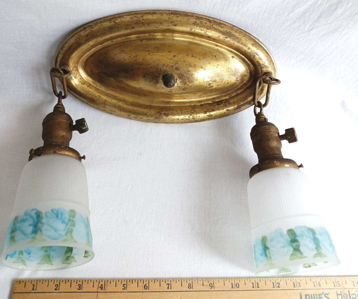 Antique Pressed Solid Brass Ceiling Fixture Two Light w/ Blue Floral Frosted Glass Bell Shades Fixture for Restoration/Repair - Needs new wiring